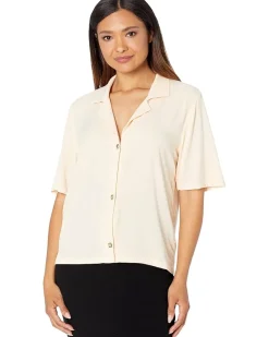 Soft Woven Stretch Viscose 1/2 Sleeve Button-Up Top
