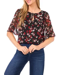 Split Tie Neck Ruffle Cuff Top