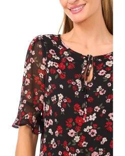 Split Tie Neck Ruffle Cuff Top