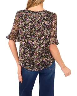 Split Tie Neck Ruffle Cuff Top