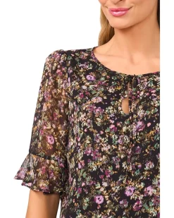 Split Tie Neck Ruffle Cuff Top