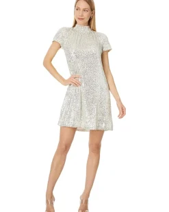 S/S Mock Nk Sequin A-Line Dress W/ Back Bow 246