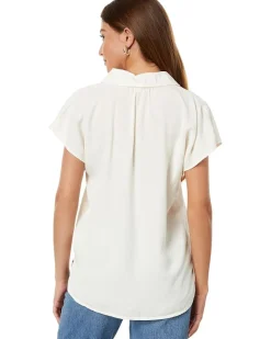 Stone Washed Tencel Short Sleeve Button-Down Hi-Lo Blouse