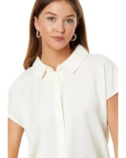 Stone Washed Tencel Short Sleeve Button-Down Hi-Lo Blouse