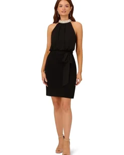 Stretch Chiffon Blousson Halter Cocktail Dress with Pearl Bead Necklace Detail