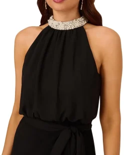 Stretch Chiffon Blousson Halter Cocktail Dress with Pearl Bead Necklace Detail