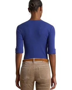 Stretch Cotton Elbow-Sleeve V-Neck Tee