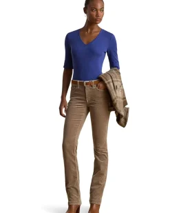 Stretch Cotton Elbow-Sleeve V-Neck Tee