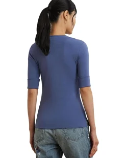 Stretch Cotton Elbow-Sleeve V-Neck Tee