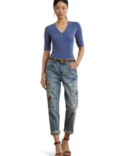 Stretch Cotton Elbow-Sleeve V-Neck Tee