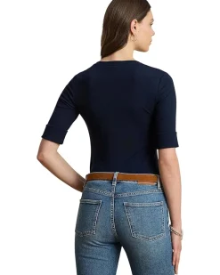 Stretch Cotton Elbow-Sleeve V-Neck Tee