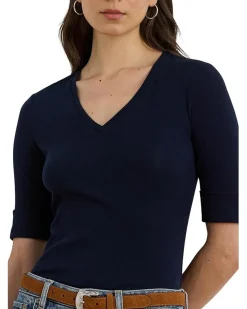 Stretch Cotton Elbow-Sleeve V-Neck Tee