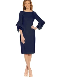 Stretch Knit Crepe Sheath Dress with Tiered Organza Bell Sleeve