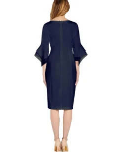 Stretch Knit Crepe Sheath Dress with Tiered Organza Bell Sleeve