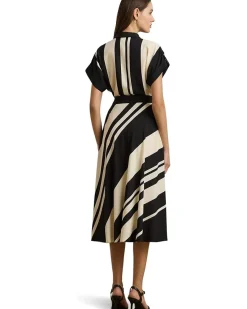 Striped Belted Crepe Dress