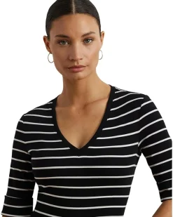 Striped Cotton Elbow-sleeve V-neck Tee