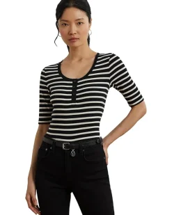 Striped Elbow-sleeve Henley Top