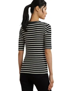 Striped Elbow-sleeve Henley Top