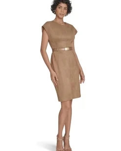 Suede Belted Cap Sleeve Sheath