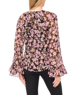 Tiered Flowy Long Sleeve Keyhole Blouse