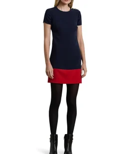 Two-Tone Button-Trim Crepe Shift Dress