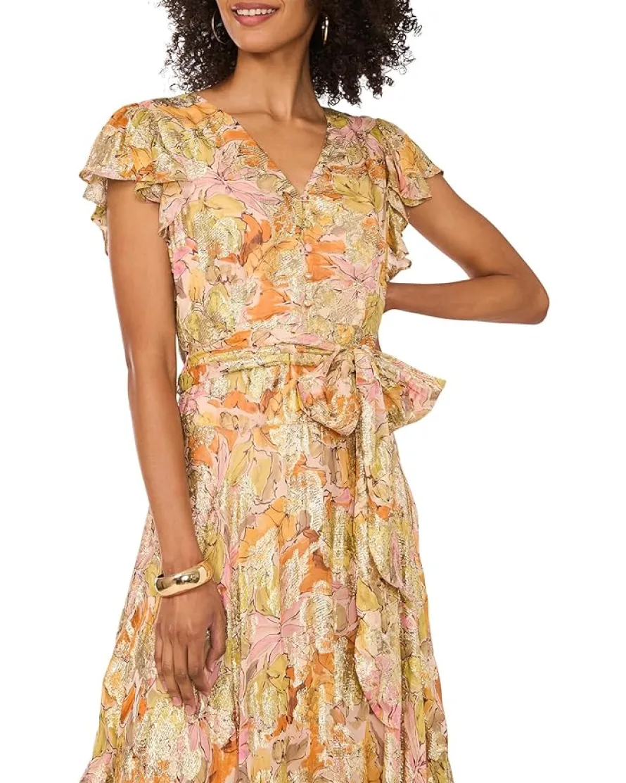 V Neck Button Down Maxi Dress With Flutter Sleeve