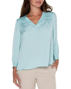 V Neck Popover Woven Sateen Blouse