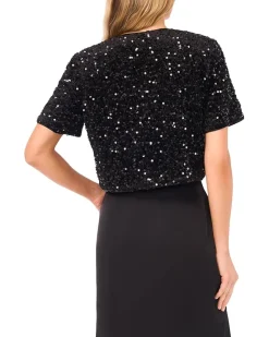 Velvet Sequin Short Sleeve Bow Front Top