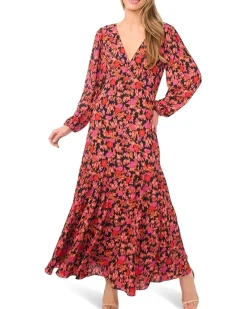 V-Neck Balloon Sleeve Printed Maxi Dress