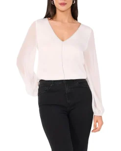 V-Neck Chiffon Sleeve Blouse w/ Rhinestone Trim