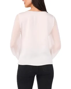 V-Neck Chiffon Sleeve Blouse w/ Rhinestone Trim