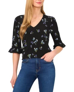 V-Neck Elbow Ruffled Sleeve Knit Top