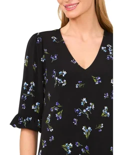 V-Neck Elbow Ruffled Sleeve Knit Top