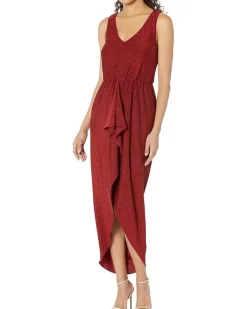 V-Neck Glitter Knit Gown with Ruched Front