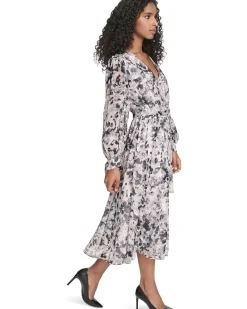 V-Neck Long Sleeve Chiffon Midi