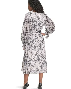 V-Neck Long Sleeve Chiffon Midi