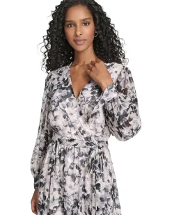 V-Neck Long Sleeve Chiffon Midi