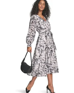 V-Neck Long Sleeve Chiffon Midi