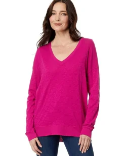 V-Neck Long Sleeve Princess Seam Rib Mix Tee