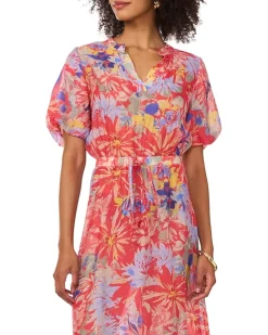 V-Neck Placket Puff Sleeve Maxi Dress