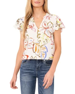 V-Neck Shirred Flutter Sleeve Blouse