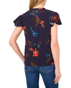 V-neck Shirred Neck Flutter Sleeve Blouse