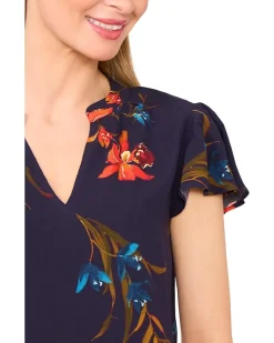 V-neck Shirred Neck Flutter Sleeve Blouse