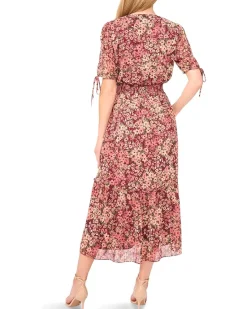 V-neck Tie Sleeve Smocked Waist Midi Dress