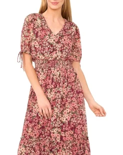 V-neck Tie Sleeve Smocked Waist Midi Dress