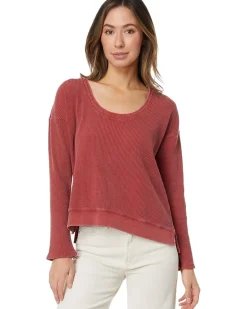 Washed Waffle Long Sleeve Open Neck Top