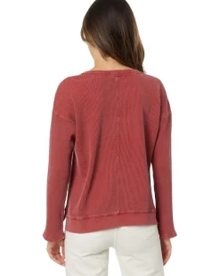Washed Waffle Long Sleeve Open Neck Top