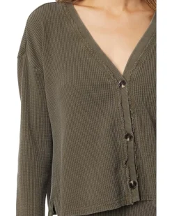 Washed Waffle Long Sleeve Button Front Cardi